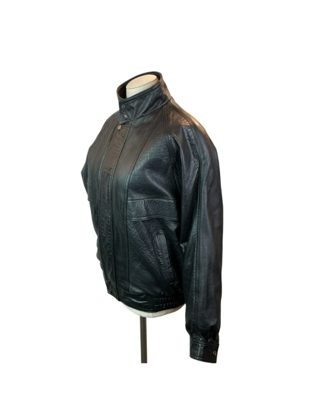 deNaive Leather Moto Bomber Jacket Womens Large Black Snap High Collar - Picture 5 of 14